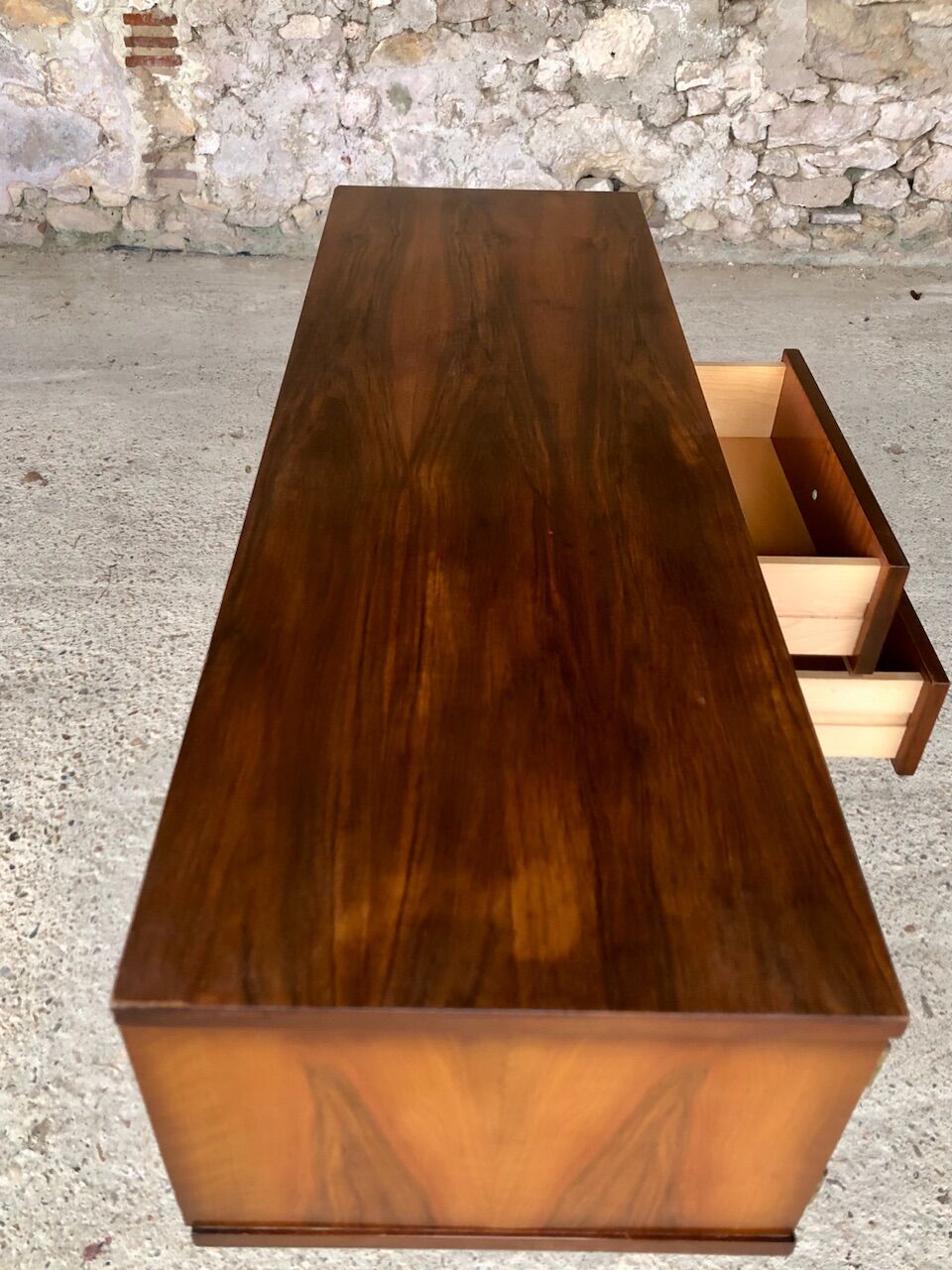 Vintage low row in flame walnut, by G N B , Circa 60
