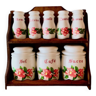 Set of 8 vintage Bormioli spice jars in opal glass with floral decor + shelf