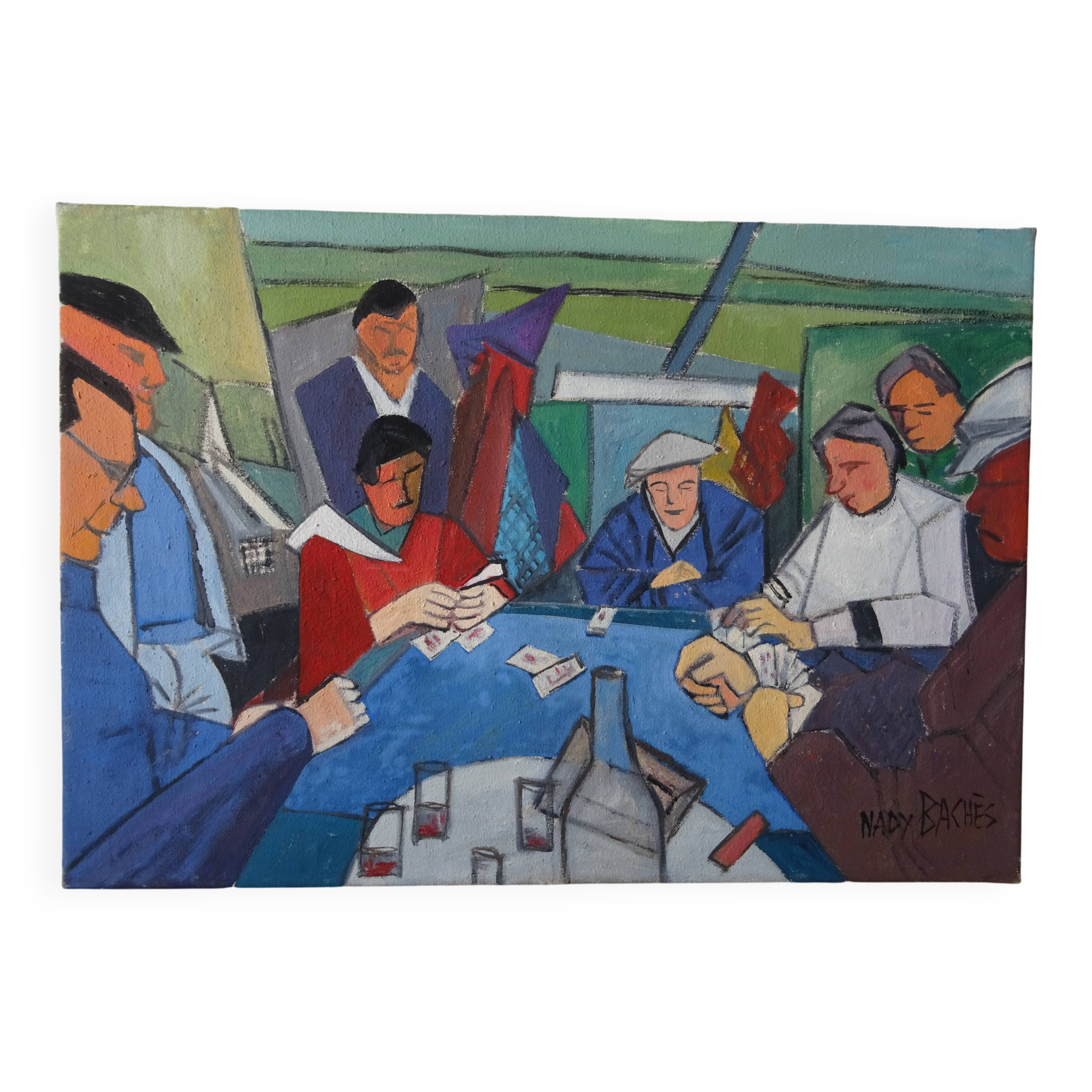 Painting The Card Players Canvas signed Nady Bachès year 60/70
