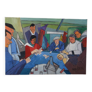 Painting The Card Players Canvas signed Nady Bachès year 60/70