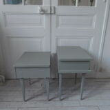 Duo of bedside tables, mismatched vintage sofa ends green of gray