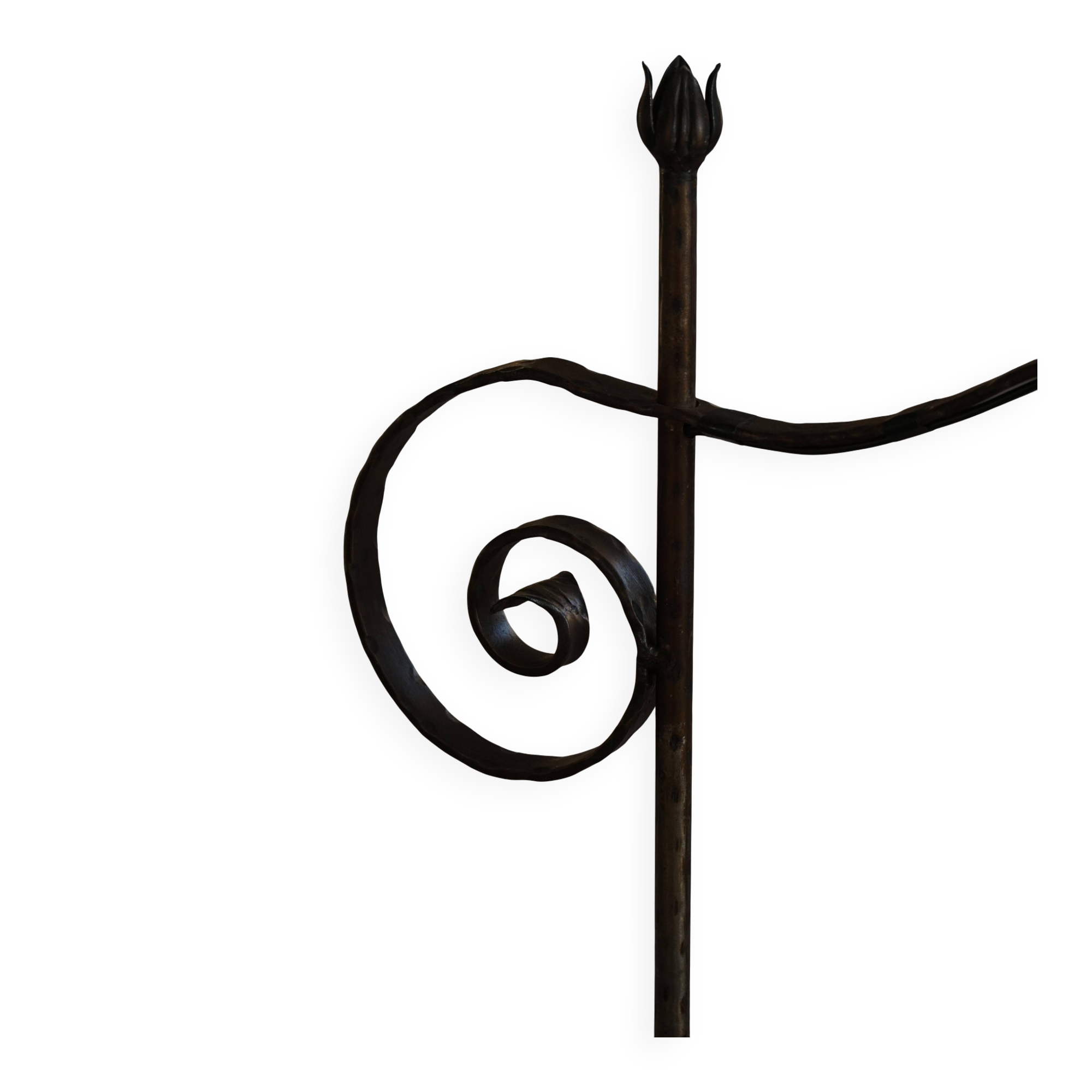 20th-century wrought iron floor lamp with swirling detail, Danish Art Deco.