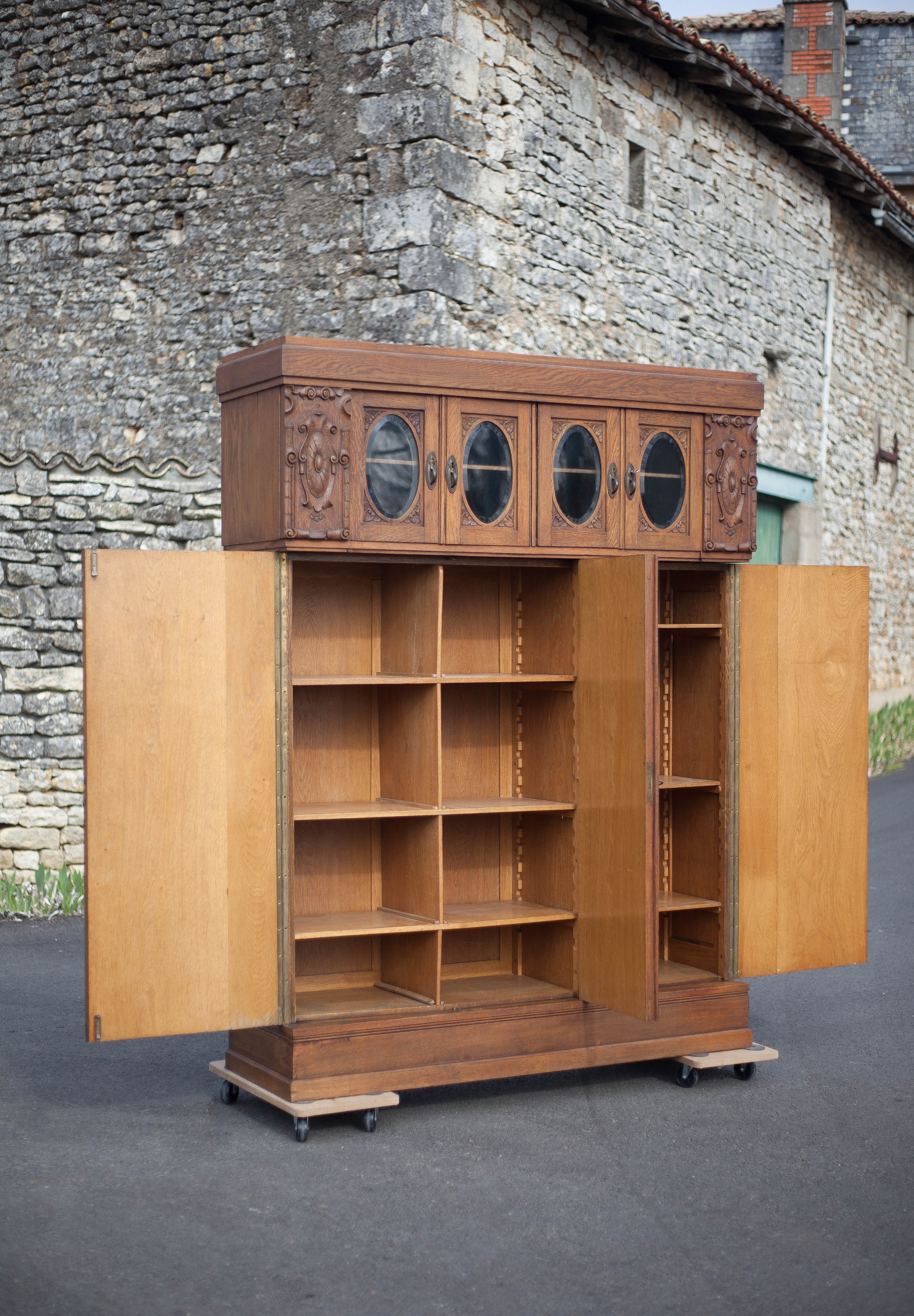 Bookcase carved wood 3 old doors, bookcase window beveled
