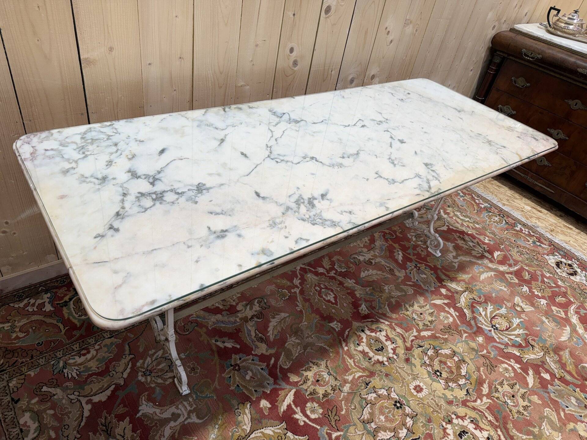 Large Art Nouveau brasserie table in iron and marble