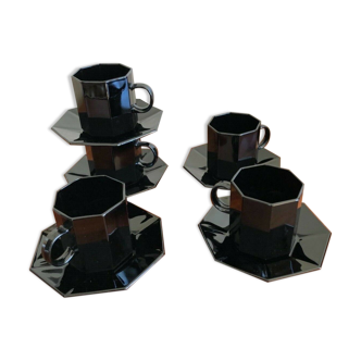 Lot de 5 tasses à café avec soucoupes noires Arcopal Arcoroc opaline