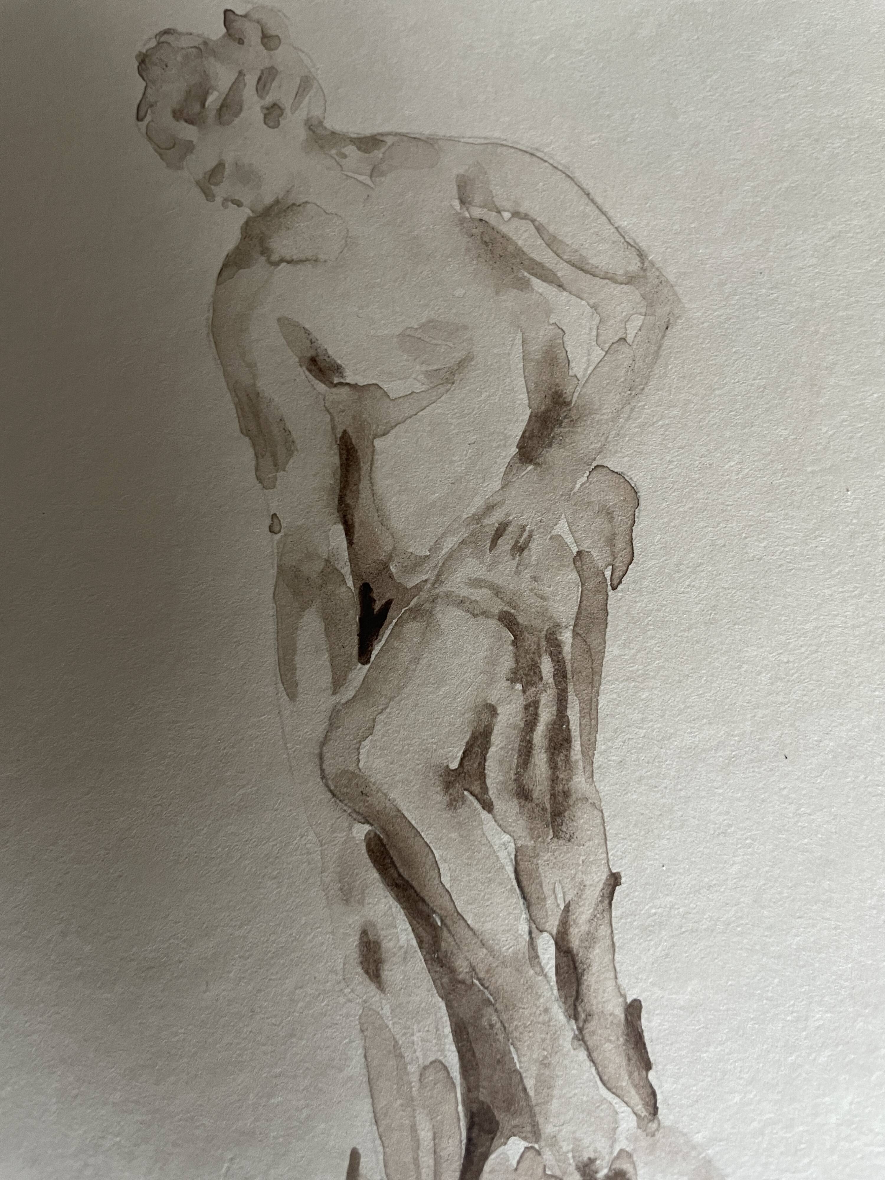 Tableau signé aquarelle monochrome étude dessin statue musée classique « sortie du bain »