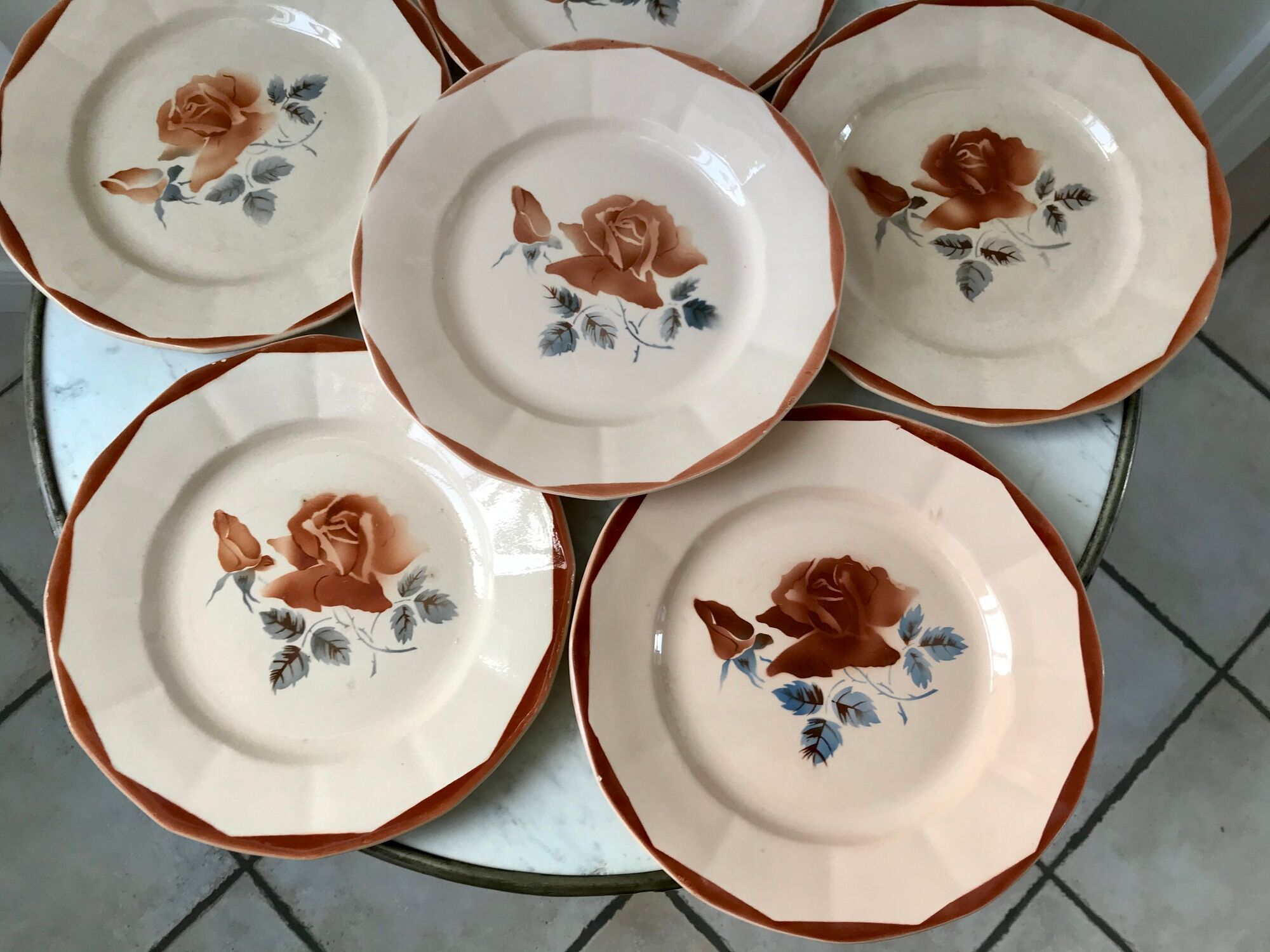 Set of 6 flat plates Digoin Sarreguemines pink flowers years 30-40