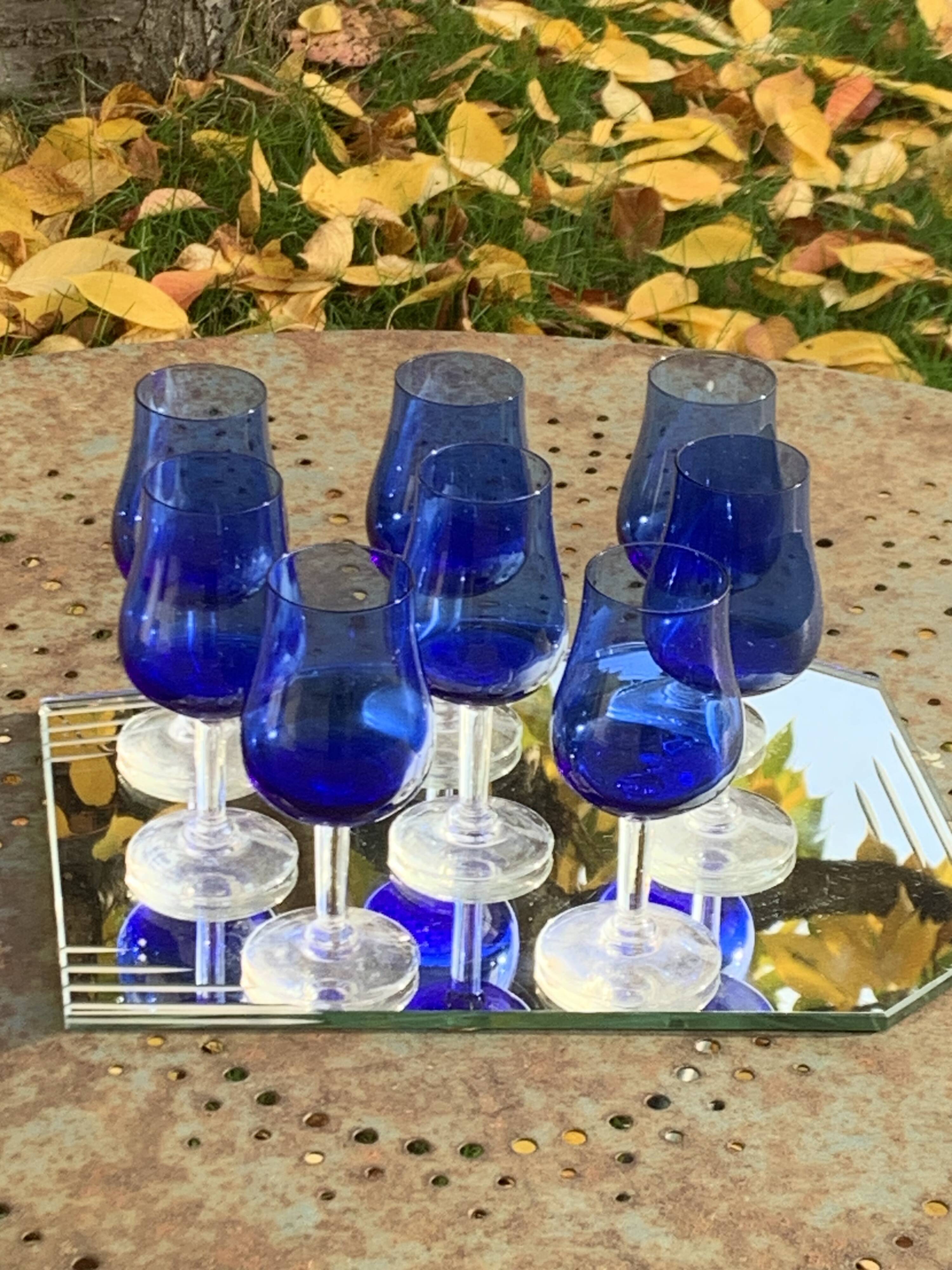 8 vintage cobalt blue glass port or aperitif glasses with transparent base