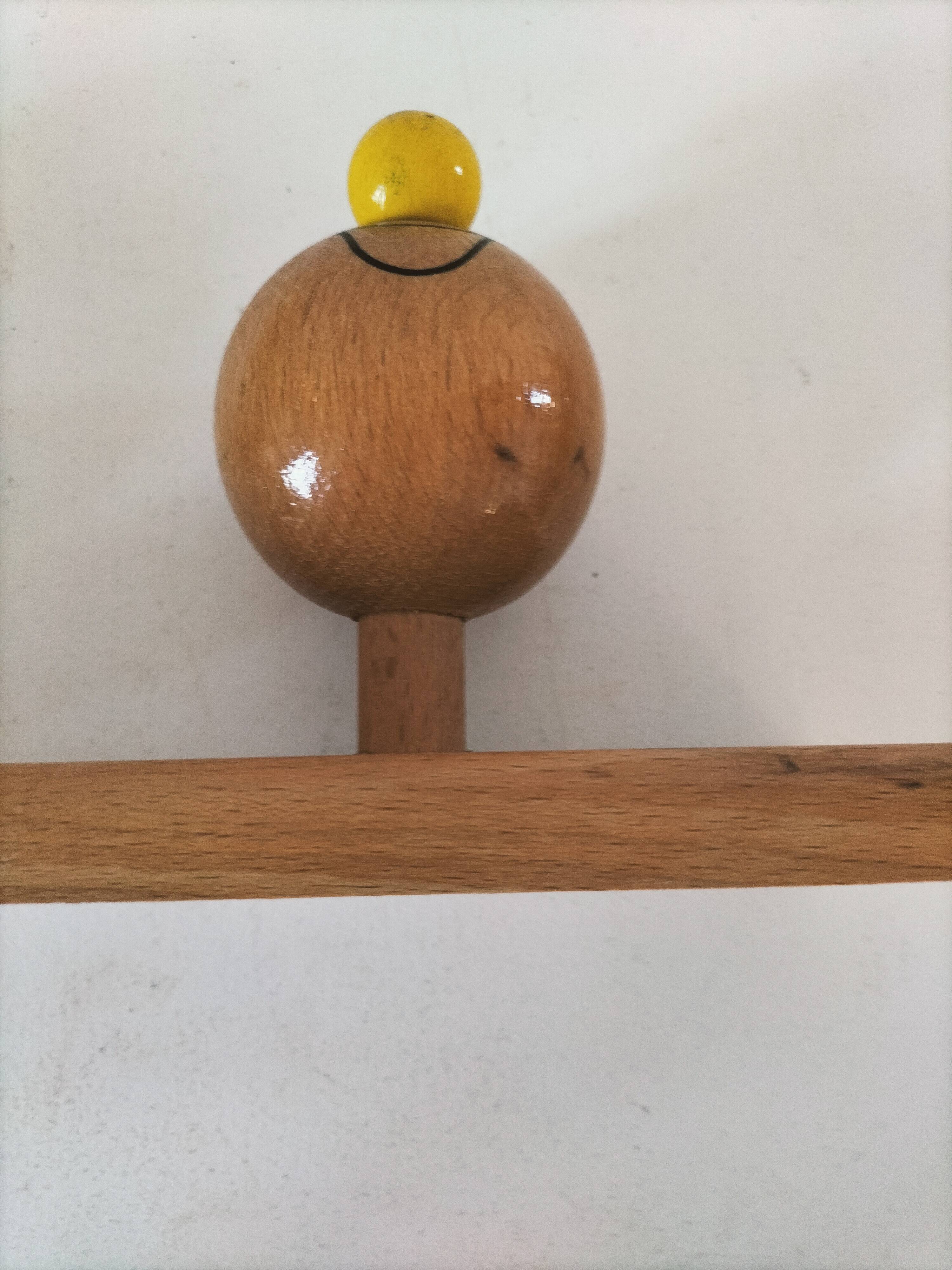 Vintage wooden children's coat rack - smiling heads hooks