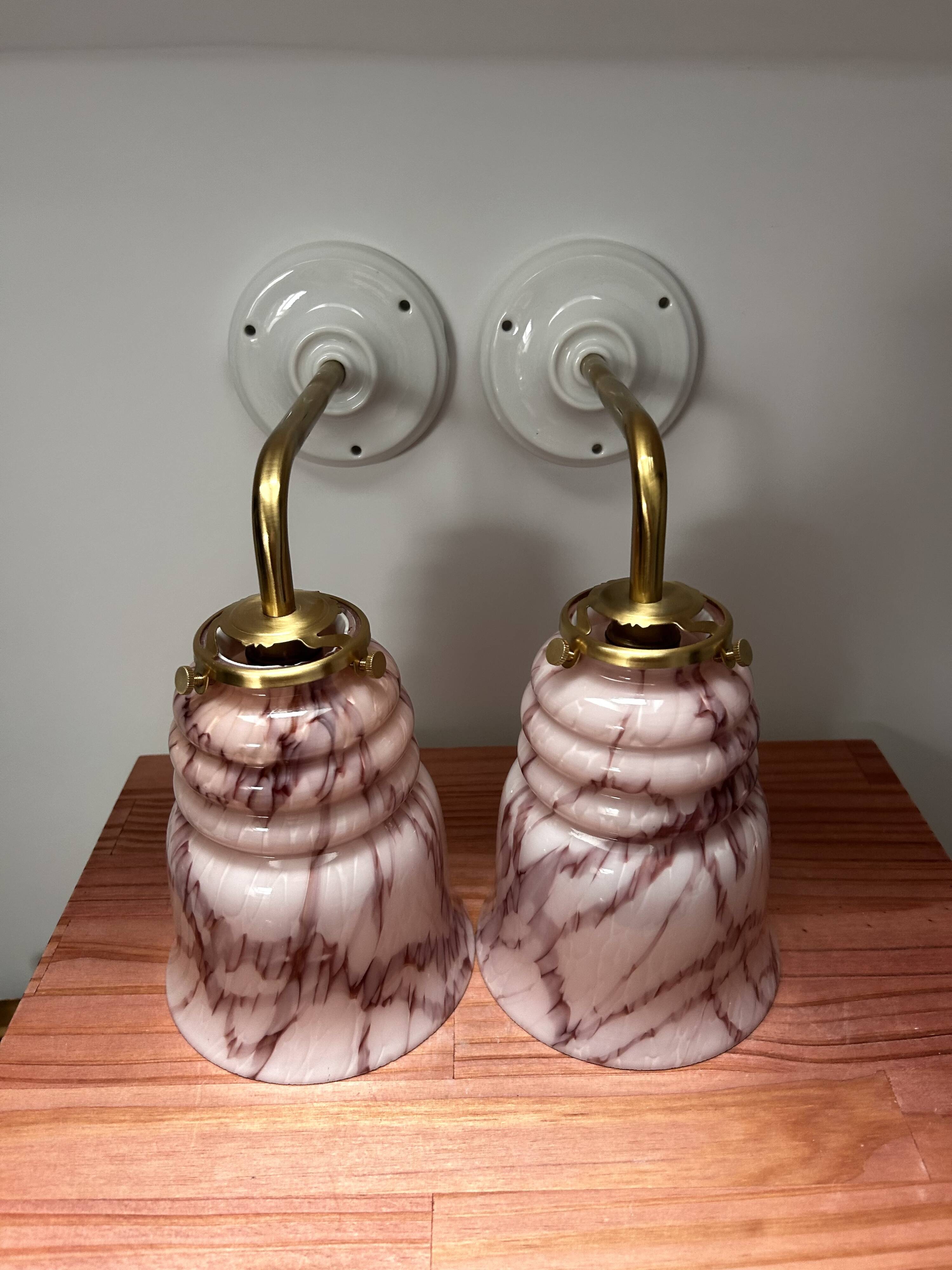 Pair of marbled pink opaline wall lights