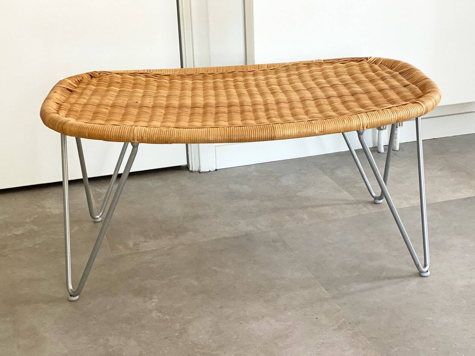 Large vintage rattan / wicker James Irvine ottoman / foot stool / foot rest / bench