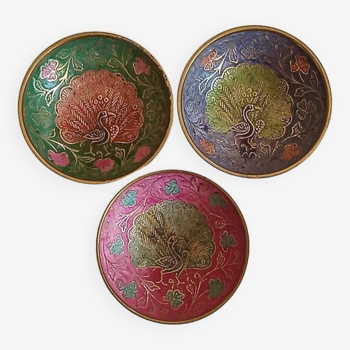 Asia - Three metal bowls with peacock decoration