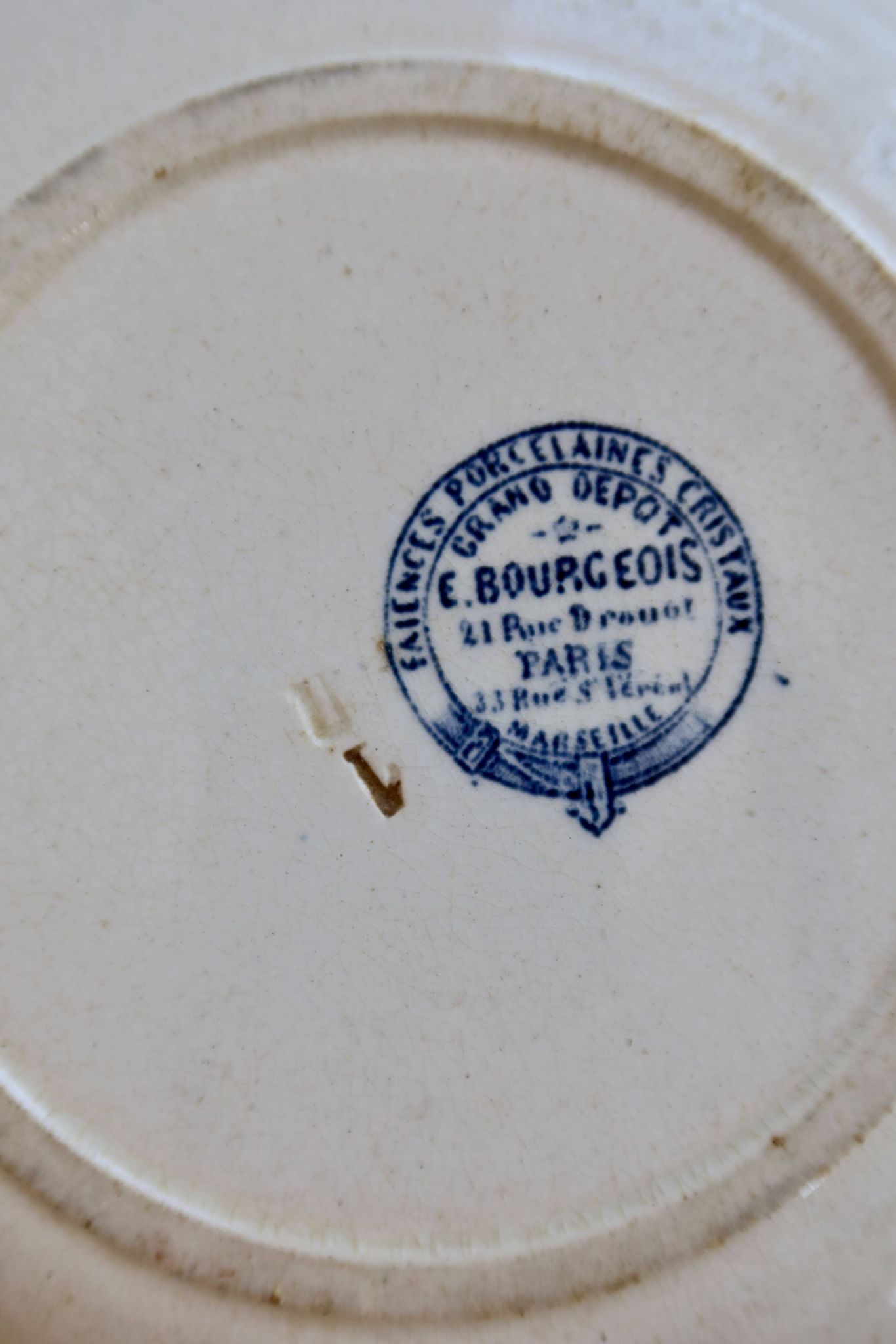 Antique blue ironstone deep plate – Grand Dépôt Émile Bourgeois