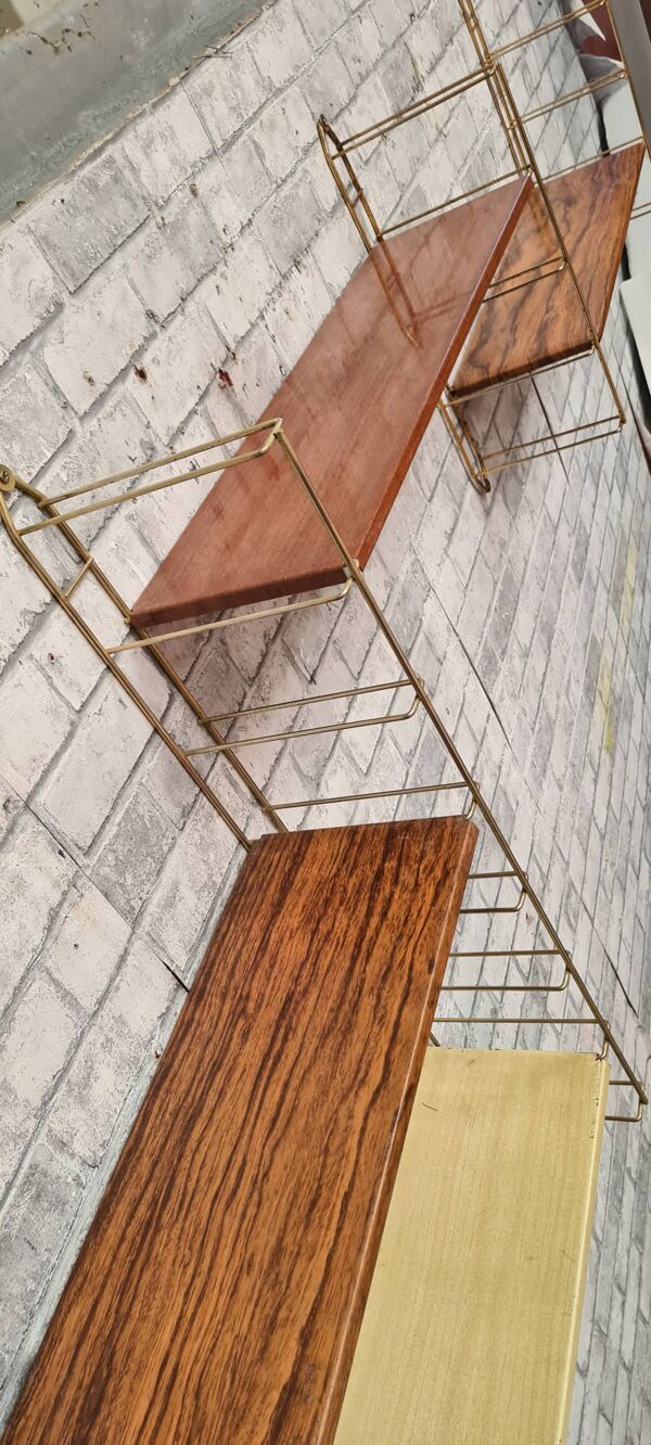 etagere 1960 acier faux bois et chrome or 4 montants  184 cmx66x59x16 trace