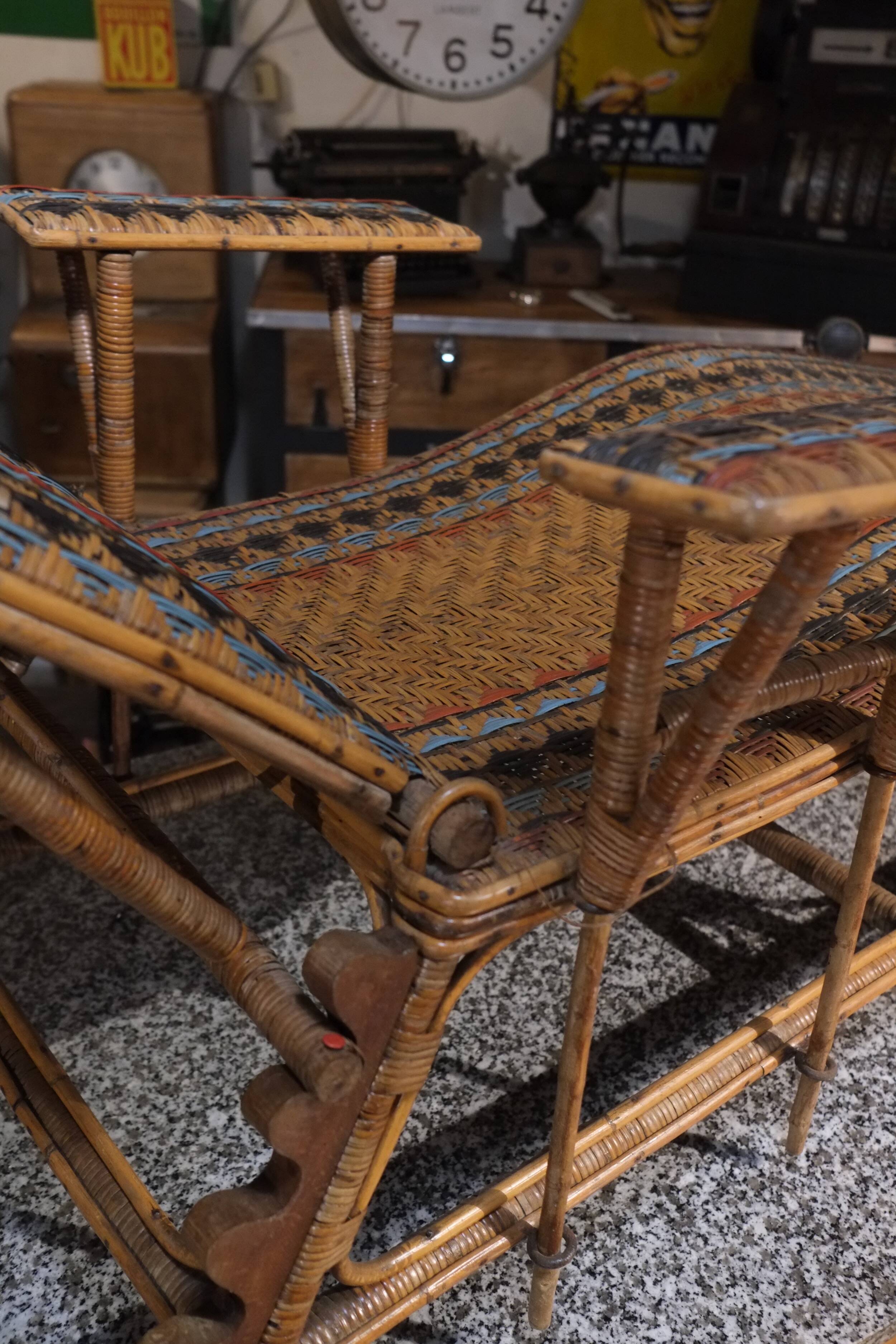 Antique 1930s rattan chaise longue