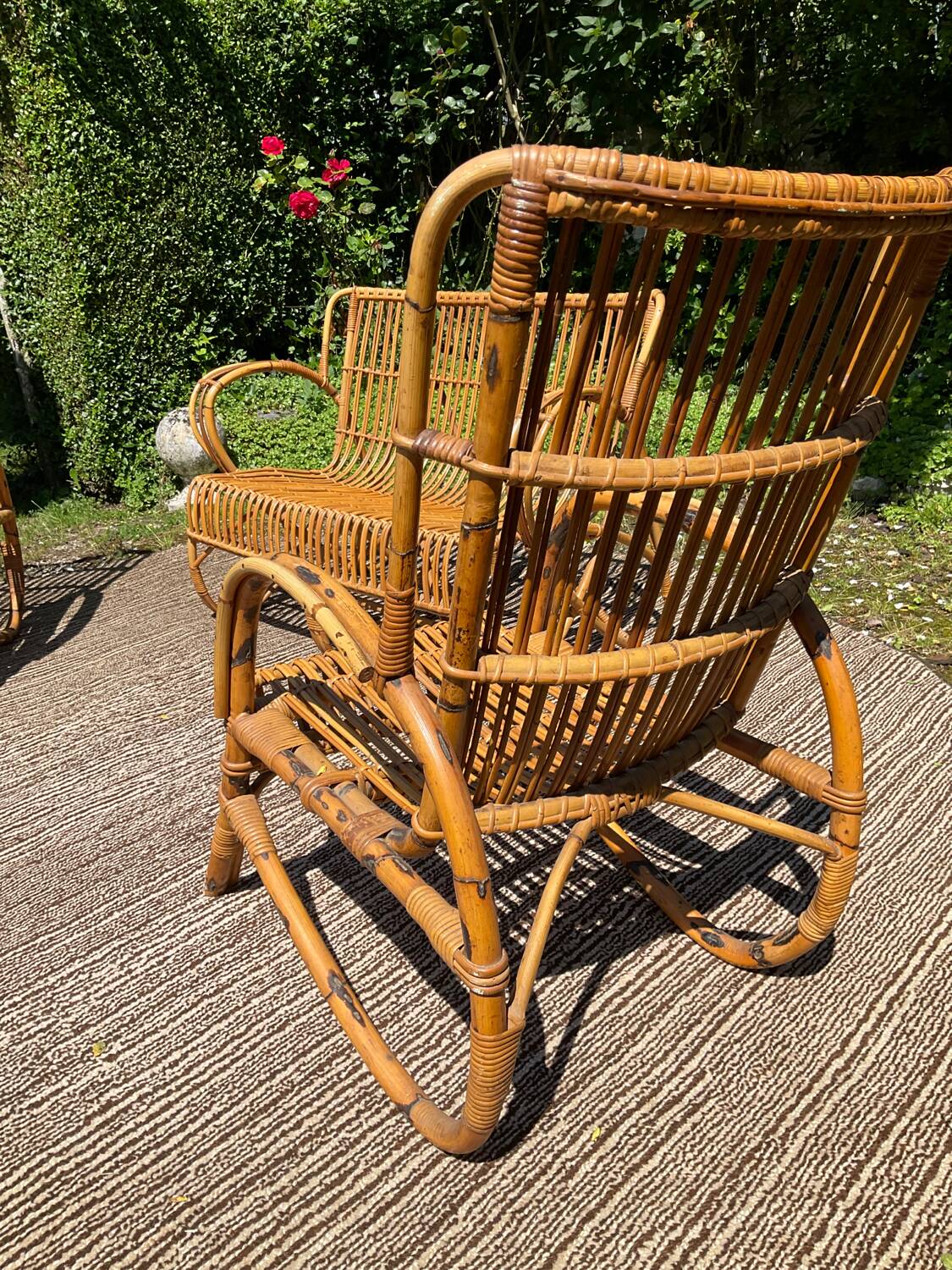Vintage rattan lounge bench and 2 armchairs