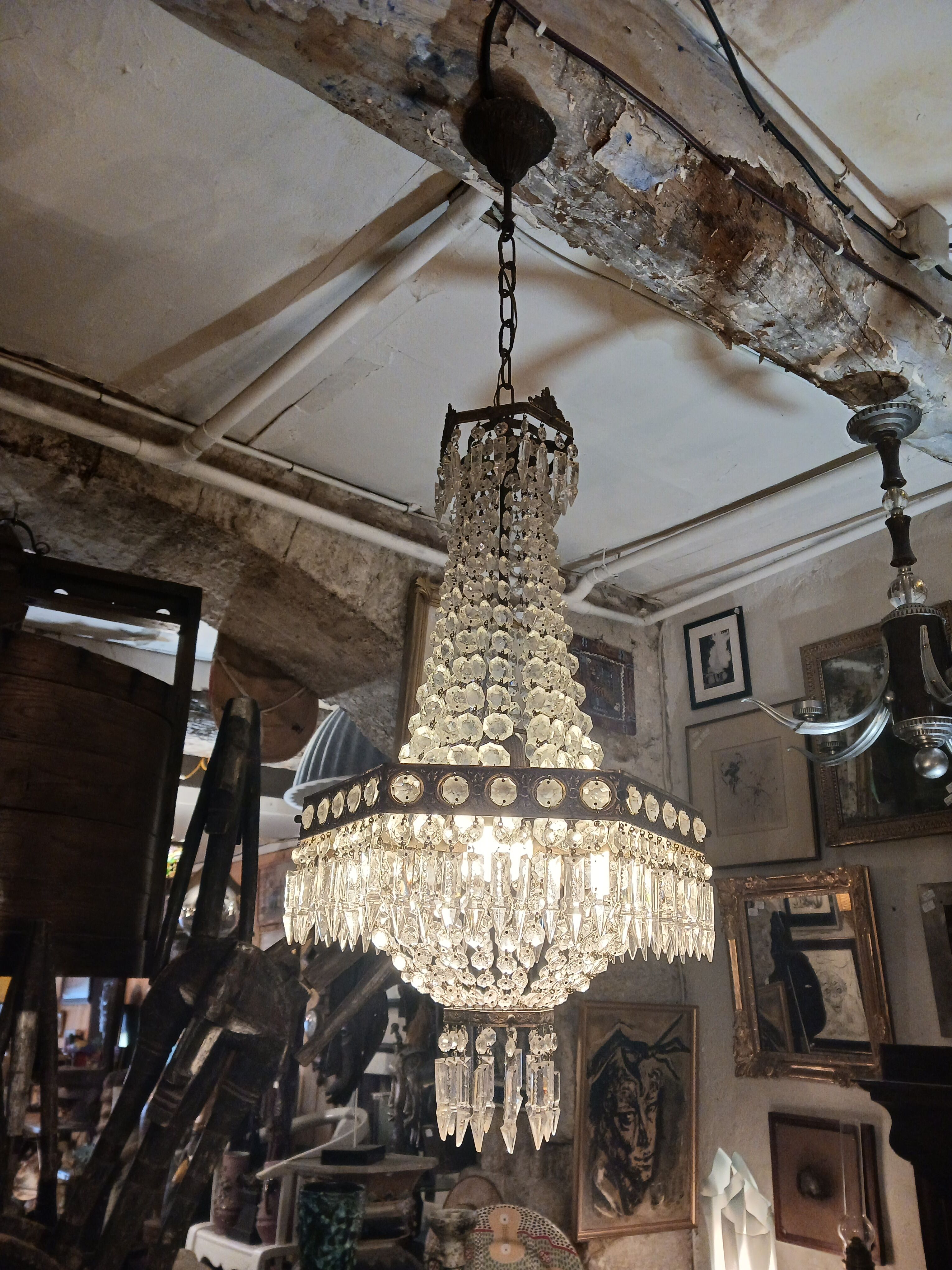 Hexagonal hot air balloon chandelier, glass pendilles, first half of the XX th