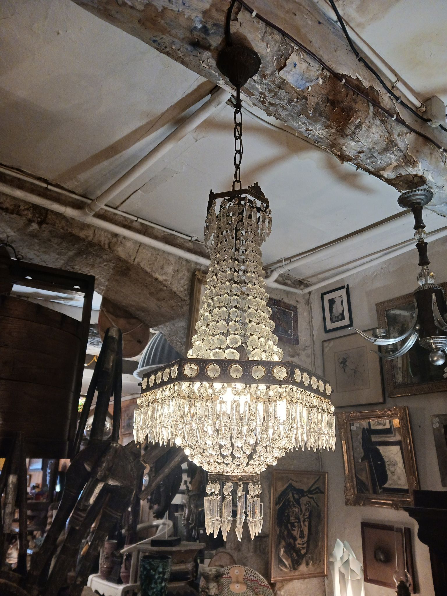 Hexagonal hot air balloon chandelier, glass pendilles, first half of the XX th