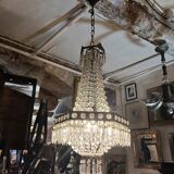 Lustre montgolfière hexagonal,  pendilles de verre, première moitié du XX eme