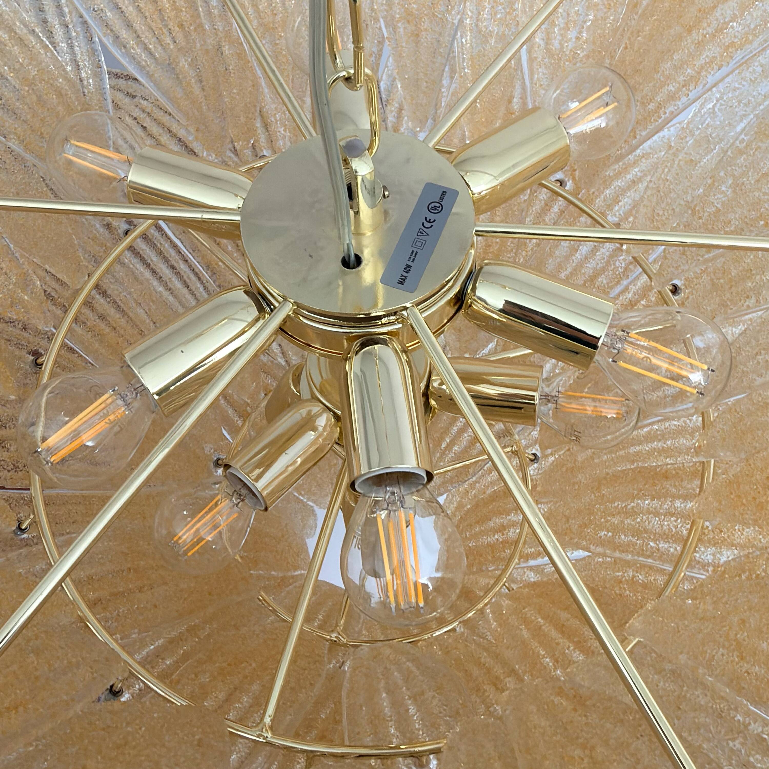 Barovier & Toso Style Gold-Palmette Murano Glass Pendant Chandelier