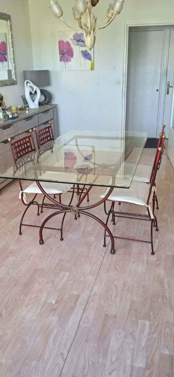 Table fer forgé et verre avec 4 chaises