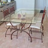 Table fer forgé et verre avec 4 chaises