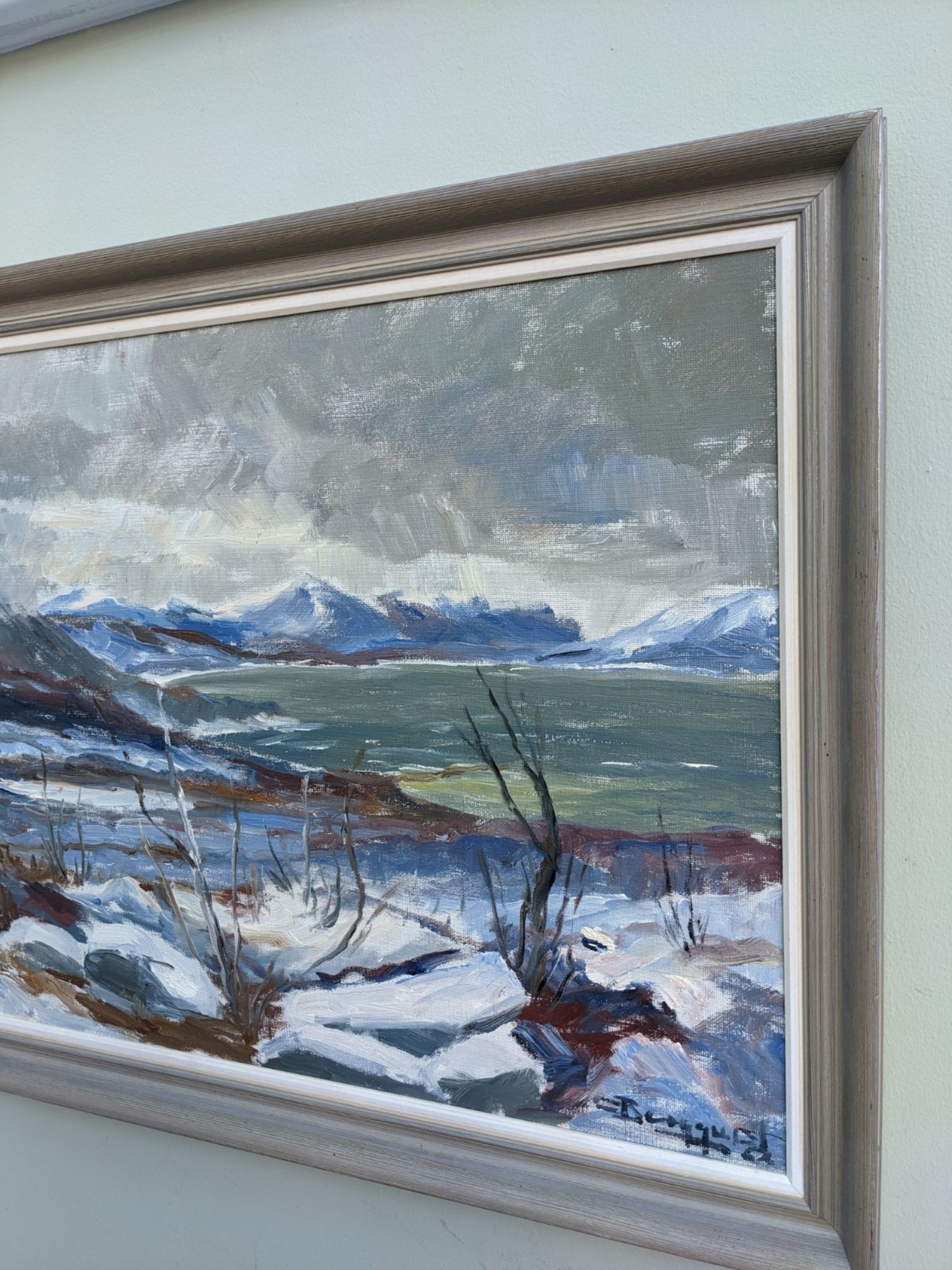 Mid 20th Century "The Mountains" Swedish Expressionist Winter Landscape Oil Painting, Framed