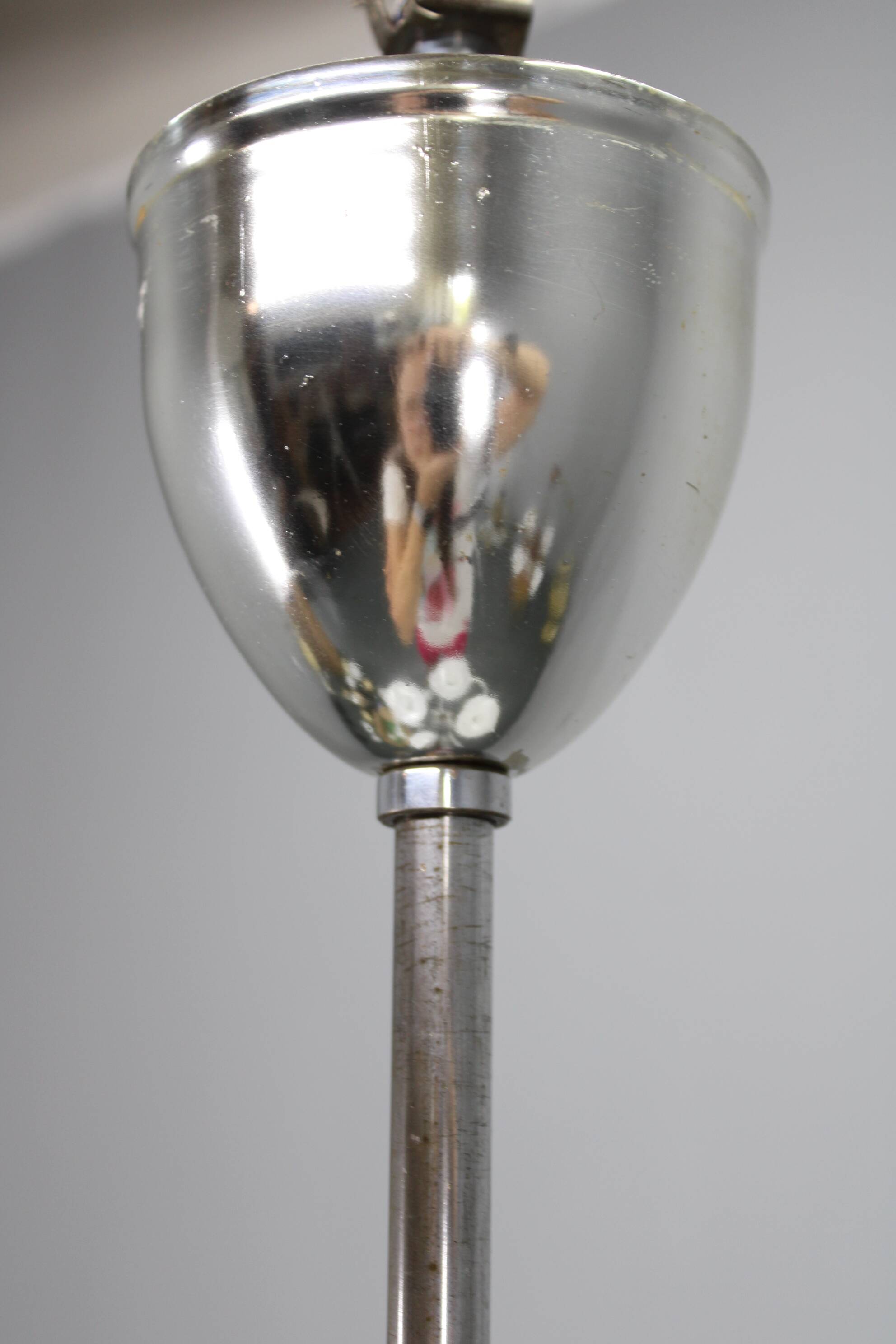 Mid-century chrome chandelier with milk-glass disc shades, Czechoslovakia, 1950s