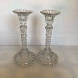 Pair of old twisted diamond tip candlesticks