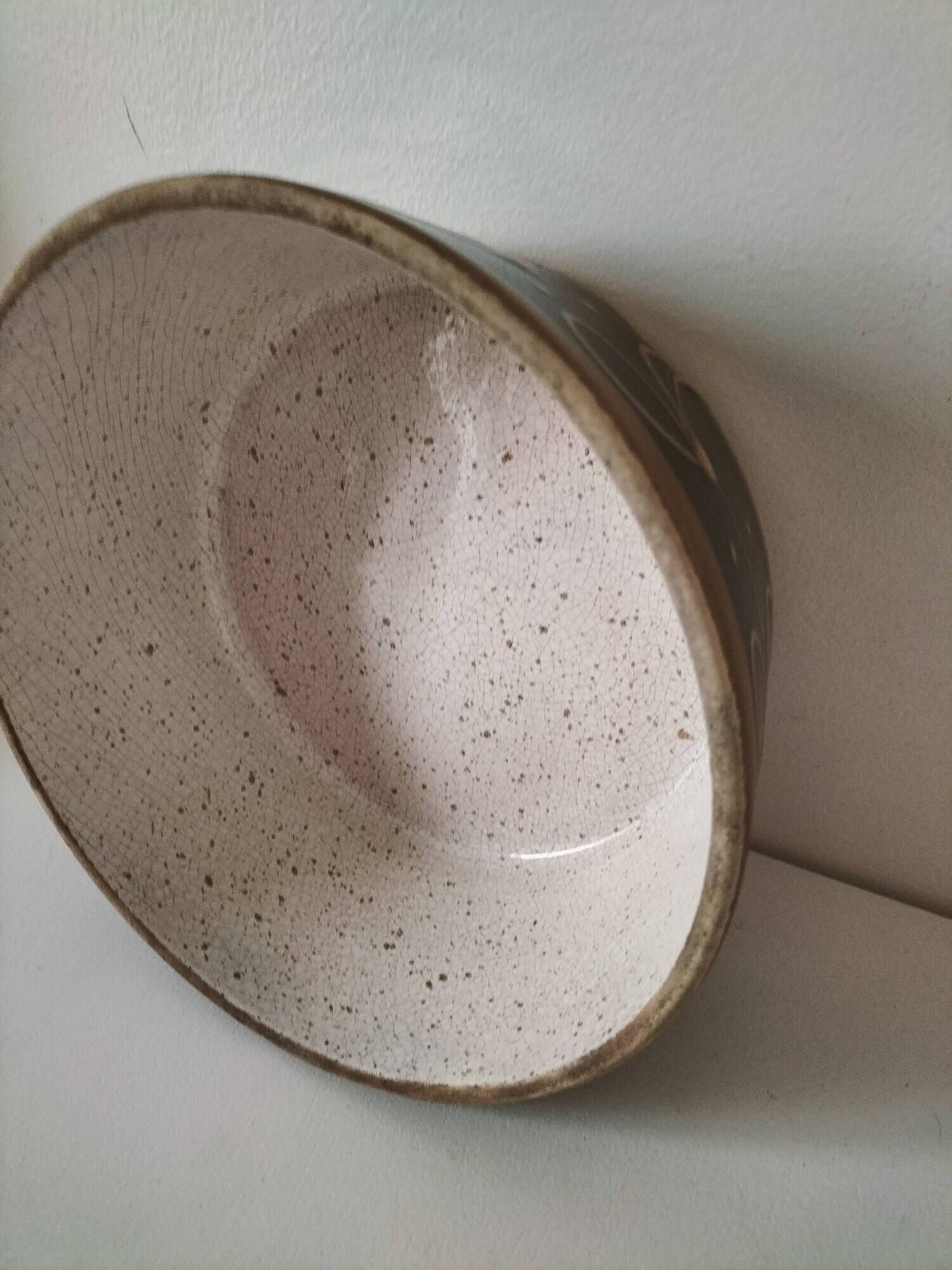 Vintage dish with black and ochre decoration and a speckled crackled interior – 1970s