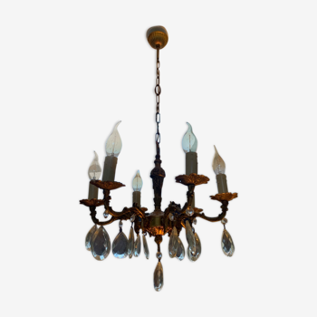 Ancient chandelier 6 bronze branches with crystal stamps
