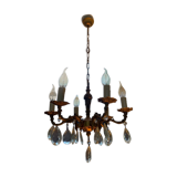 Lustre ancien 6 branches en bronze avec pampilles en cristal