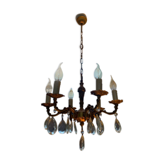 Ancient chandelier 6 bronze branches with crystal stamps