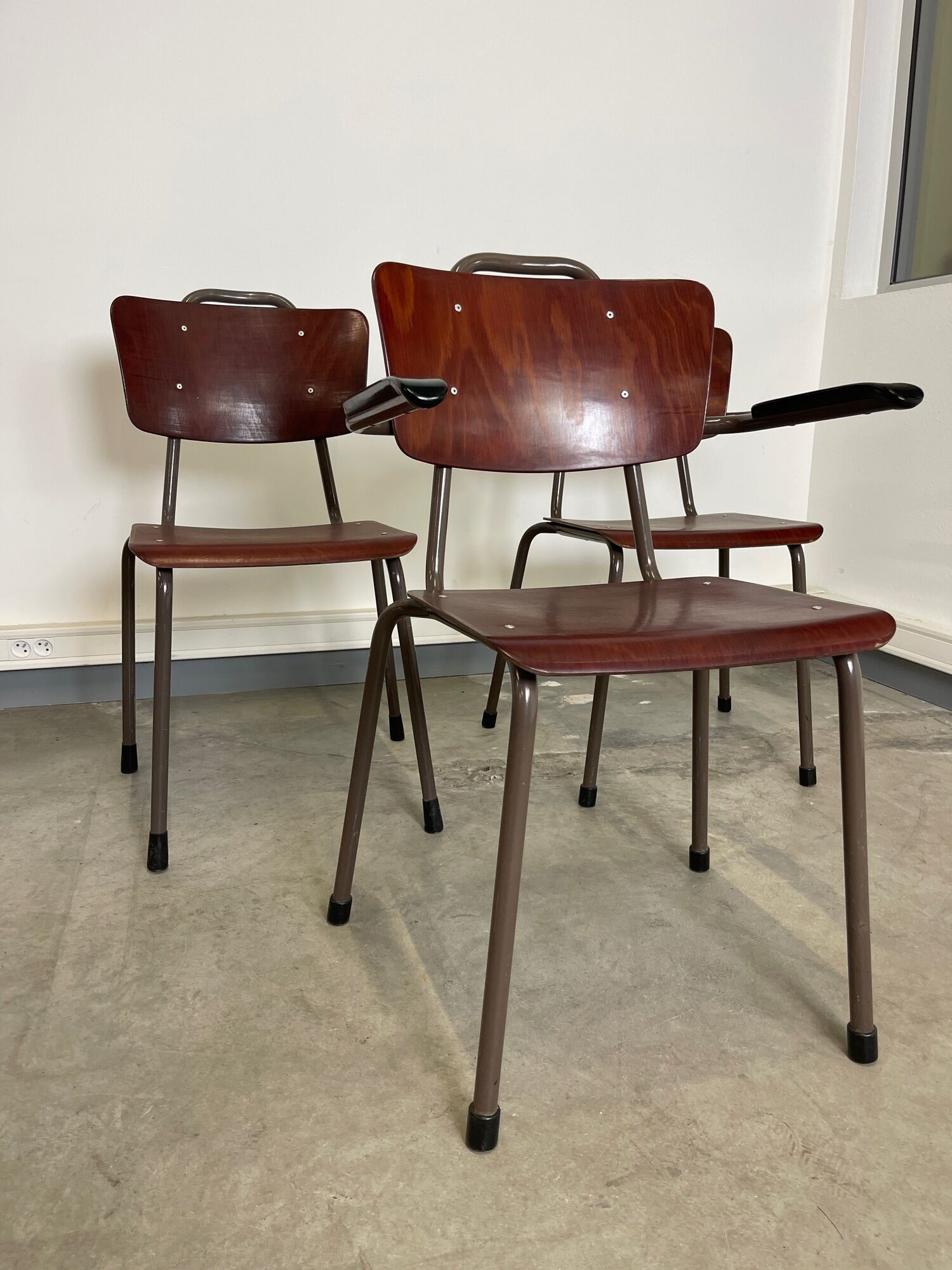 Set of 3 Galvanitas mahogany school chairs 1970s Netherlands