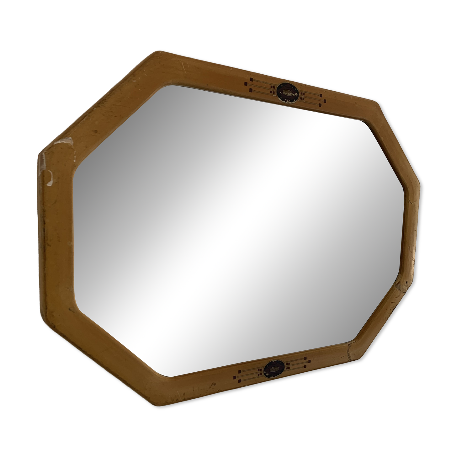 Miroir vintage 1930 Art Déco biseauté octogonal bois stuc - 66 x 45 cm