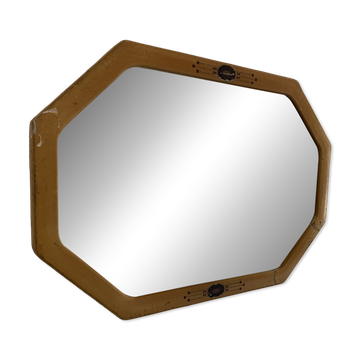 Miroir vintage 1930 Art Déco biseauté octogonal bois stuc - 66 x 45 cm