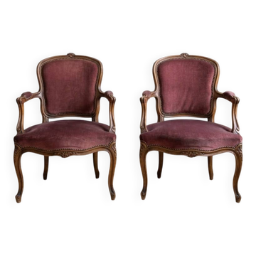 Pair of Louis XV armchairs in wood and pink velvet