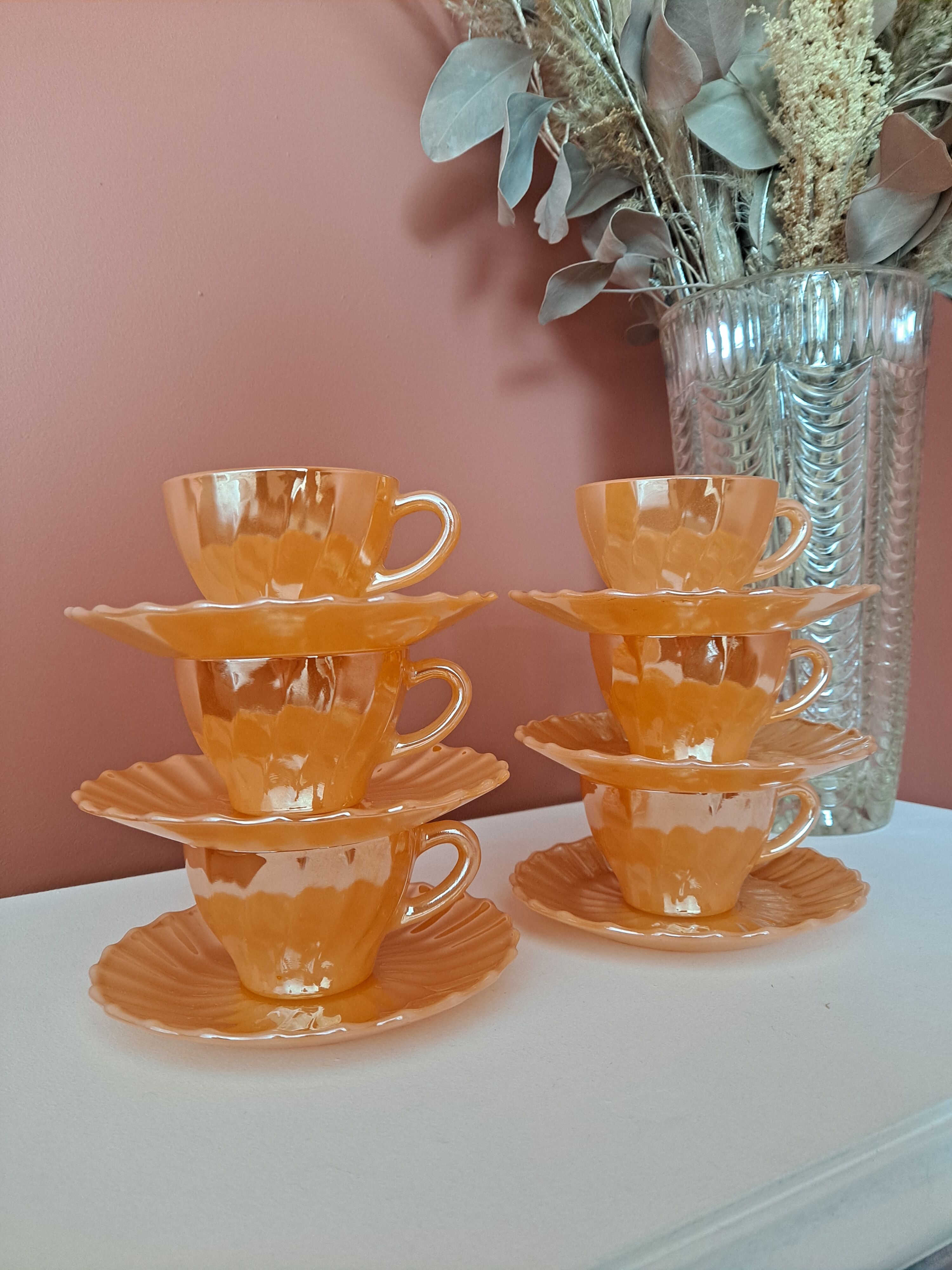 Coffee set 6 cups and sub-cups Termocrisa Mexico Pêche