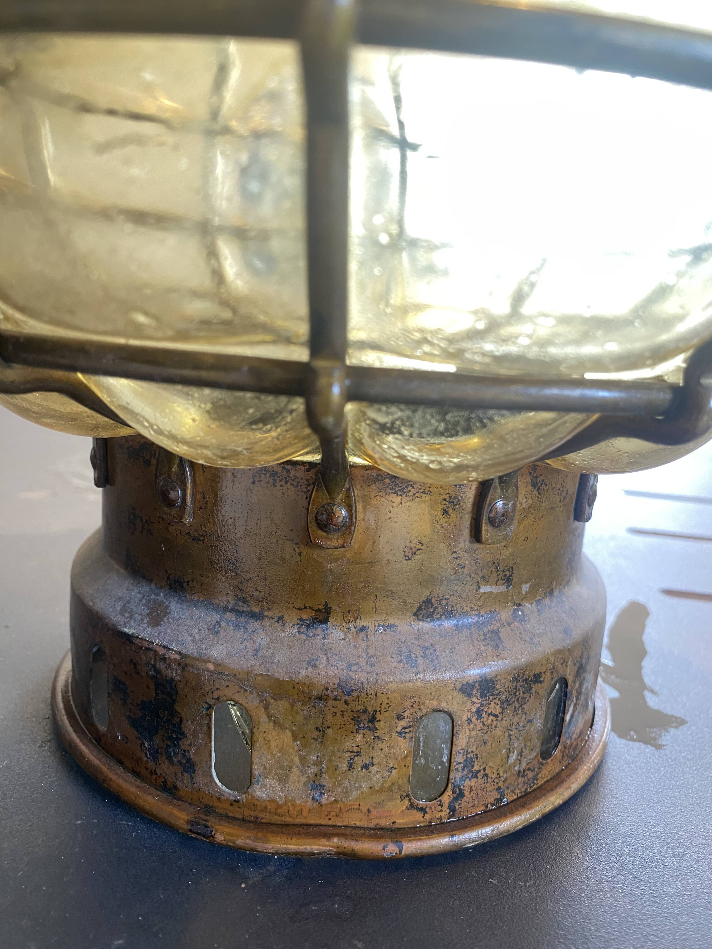 Antique Ankerlift lamp in amber glass and patinated brass