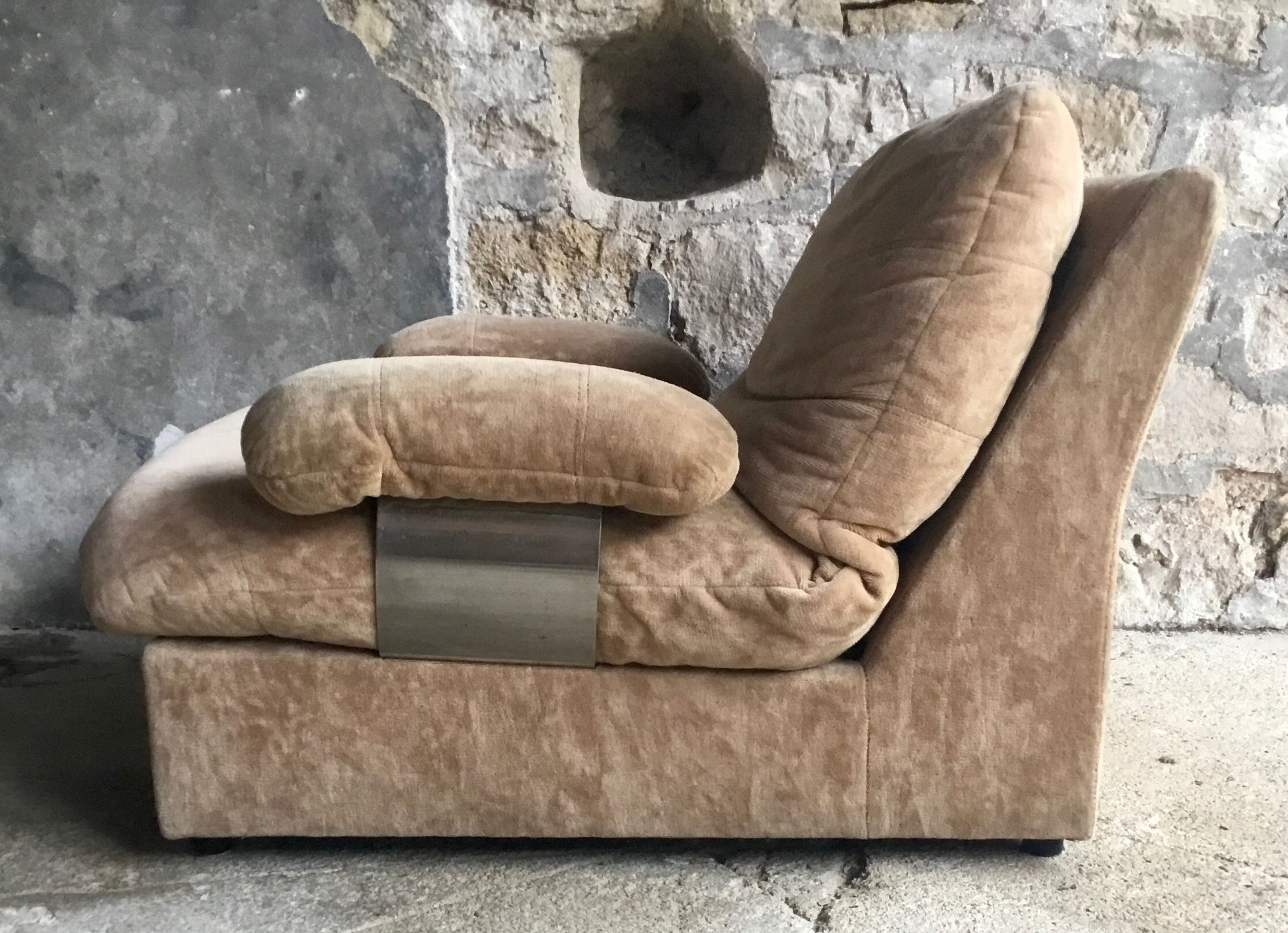 Space age armchair in velvet beigen armrests stainless steel 1970