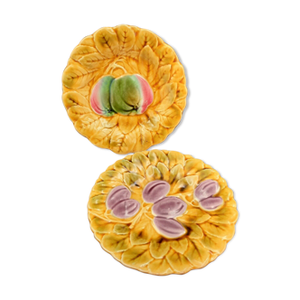 Sarreguemines 2 Faïence Barbotine plates fruit decoration 1900