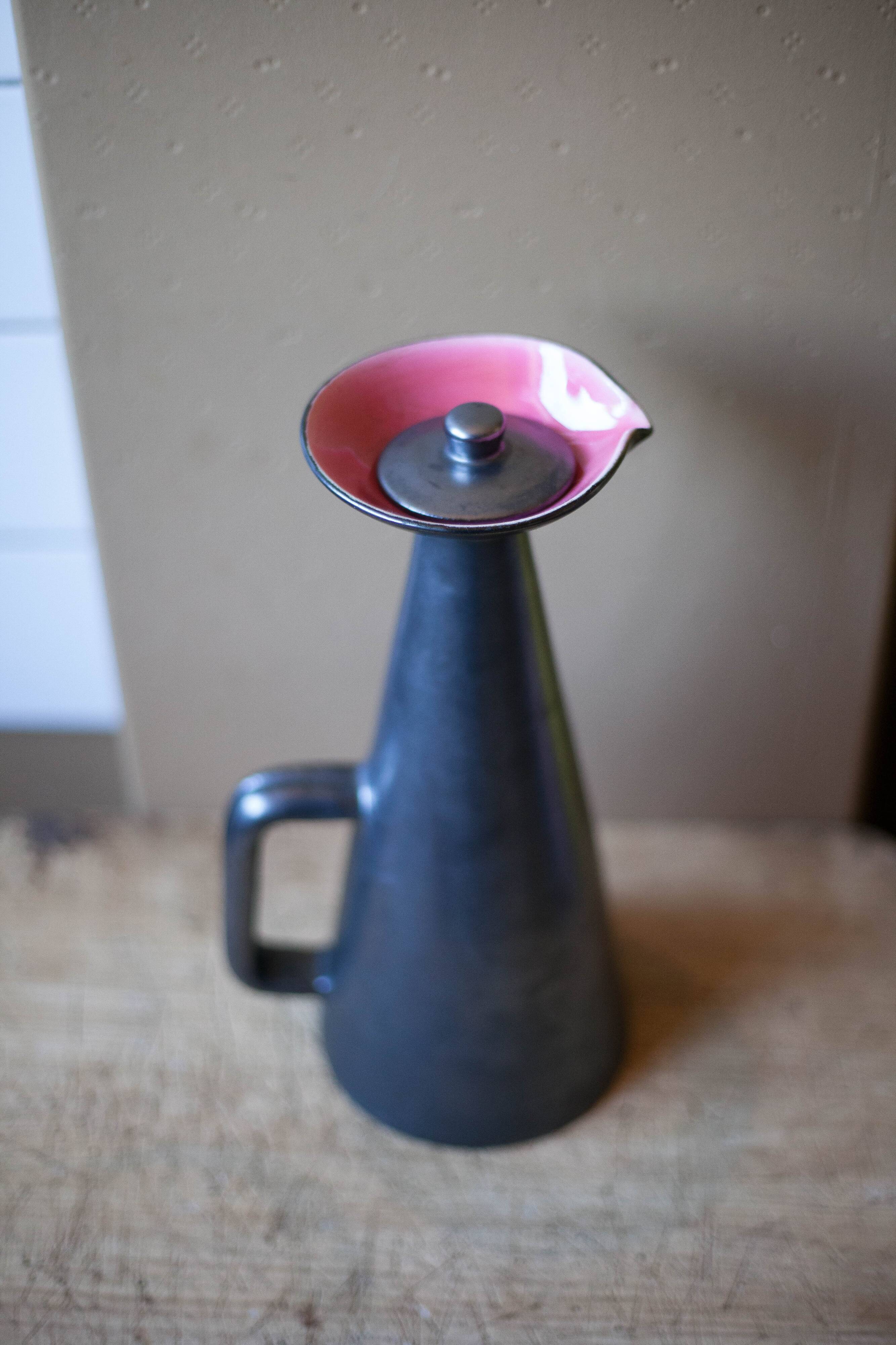 Ceramic pitcher of Louviers manufacture 50s, pitcher with conical handle