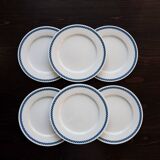 6 vintage Lustucru porcelain plates with a blue checkerboard pattern