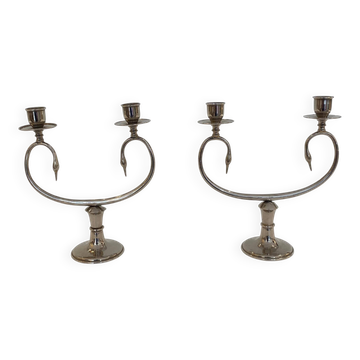 Silver Plated Pair Double Swan Candelabra Candleholders Sculptural 1970s