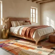 Moroccan handwoven wool rug in colour block peach, pink, teal, and orange, 122x183 cm.