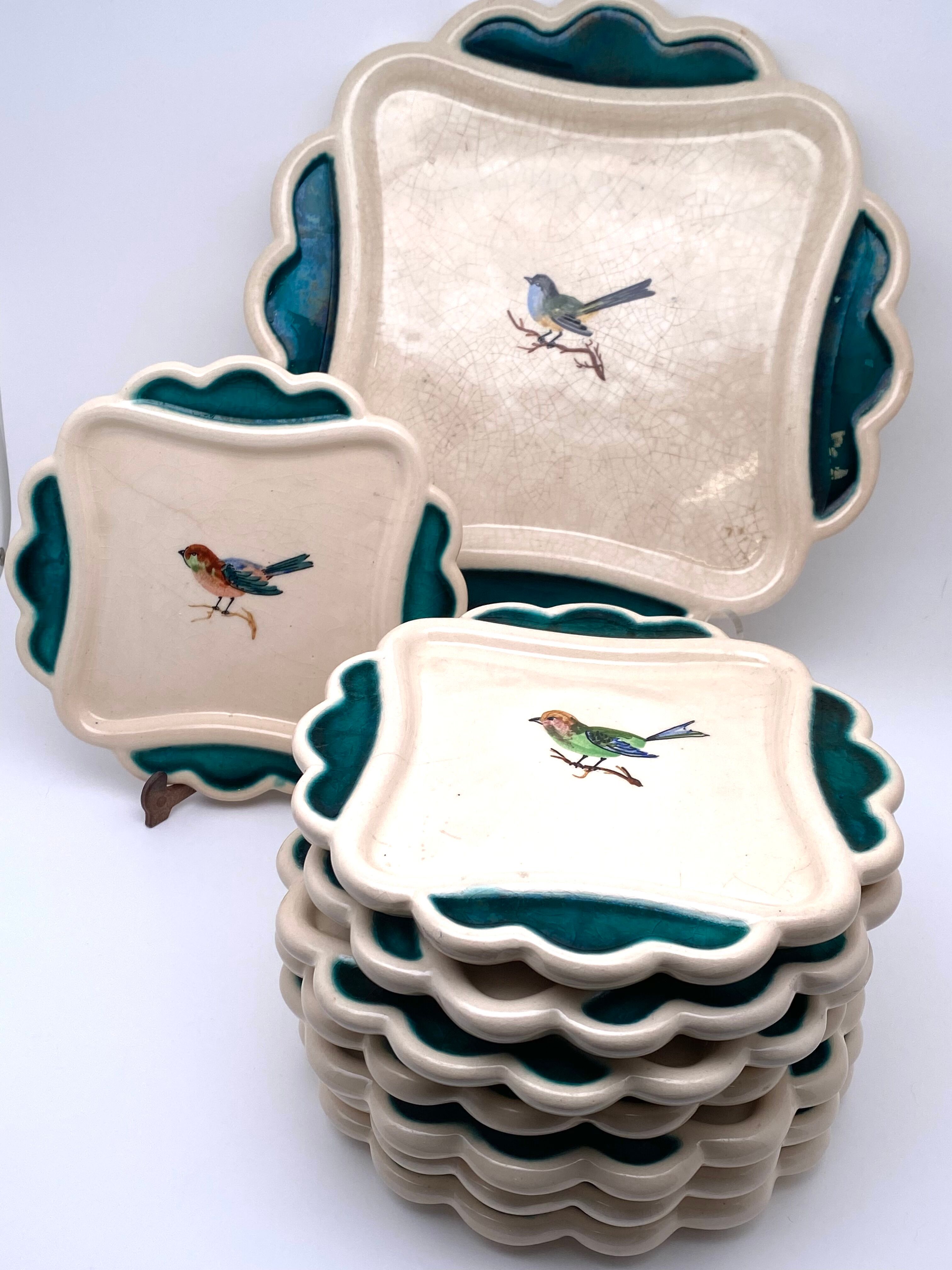 Dessert service in Petits Oiseaux slip, 9 plates