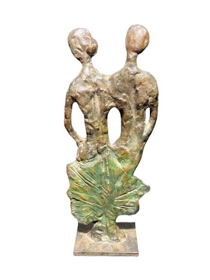 Sculpture of a man and a woman in spelter, signed Patsoglou