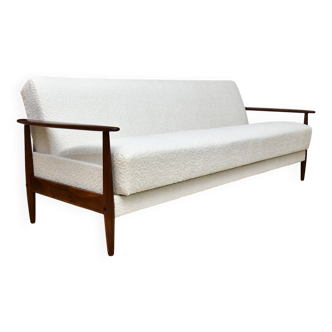 Scandinavian foldable Teak sofa in creamy white Bouclé, 1960s