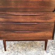Vintage Scandinavian secretary in rosewood with drawers featuring fin-style handles.