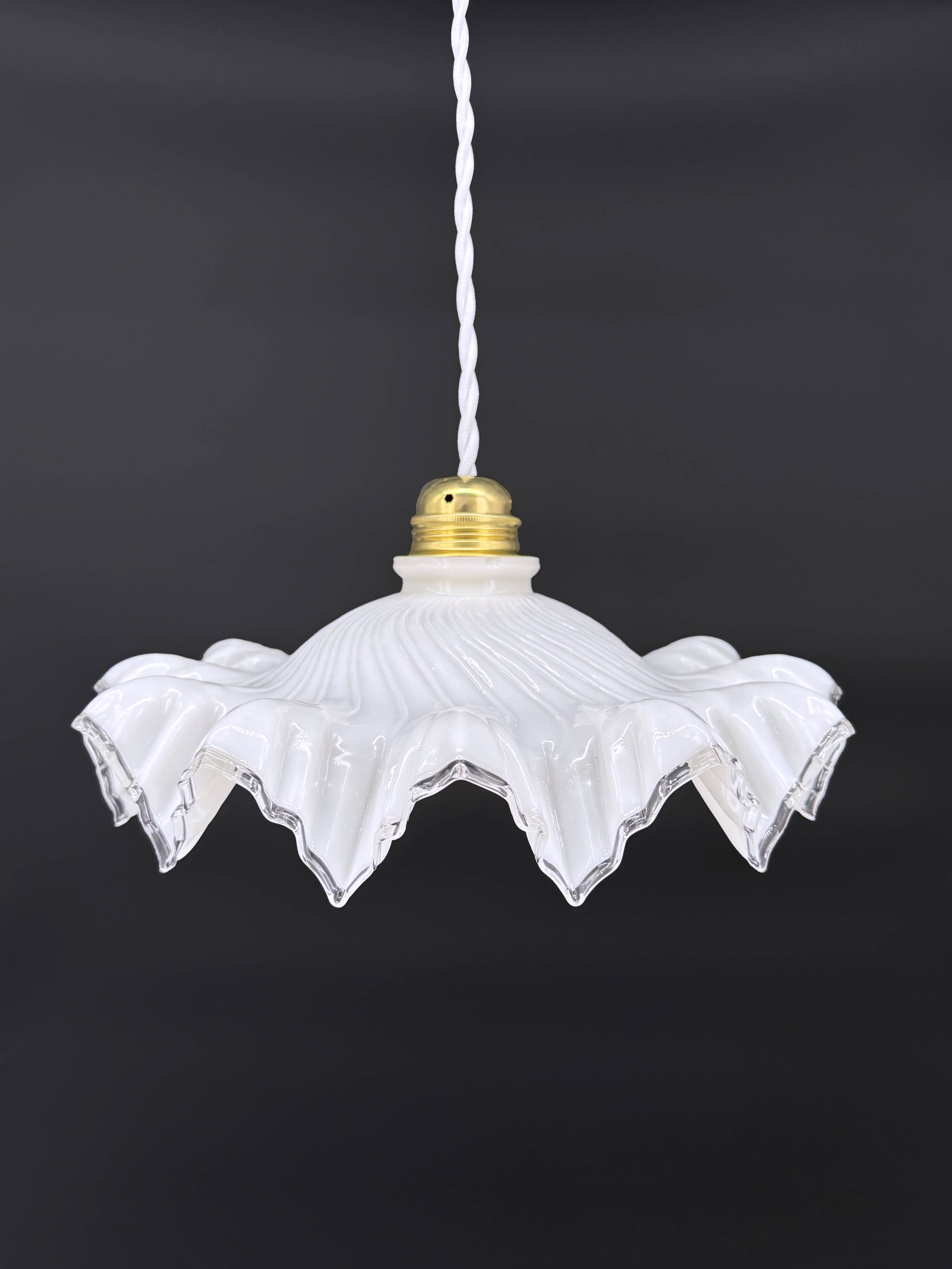 White opaline glass pendant light with draped shape